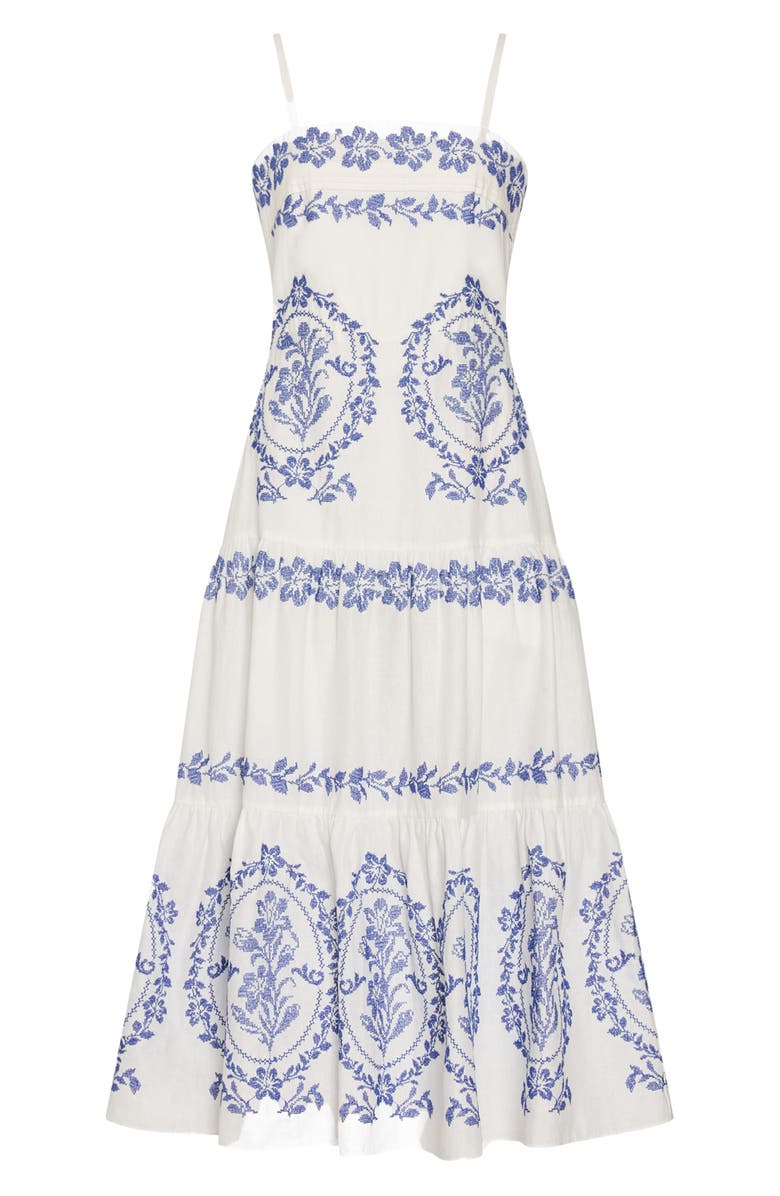 Milly Lela Placed Embroidery Linen & Cotton Midi Dress, Alternate, color, White/ Blue