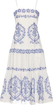 Milly Lela Placed Embroidery Linen & Cotton Midi Dress