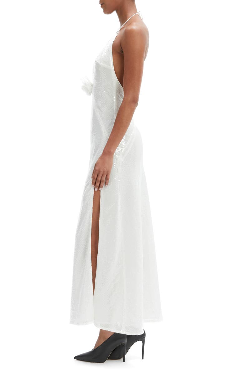 Bardot Aradia Rosette Sequin Plunge Halter Gown, Alternate, color, Orchid White