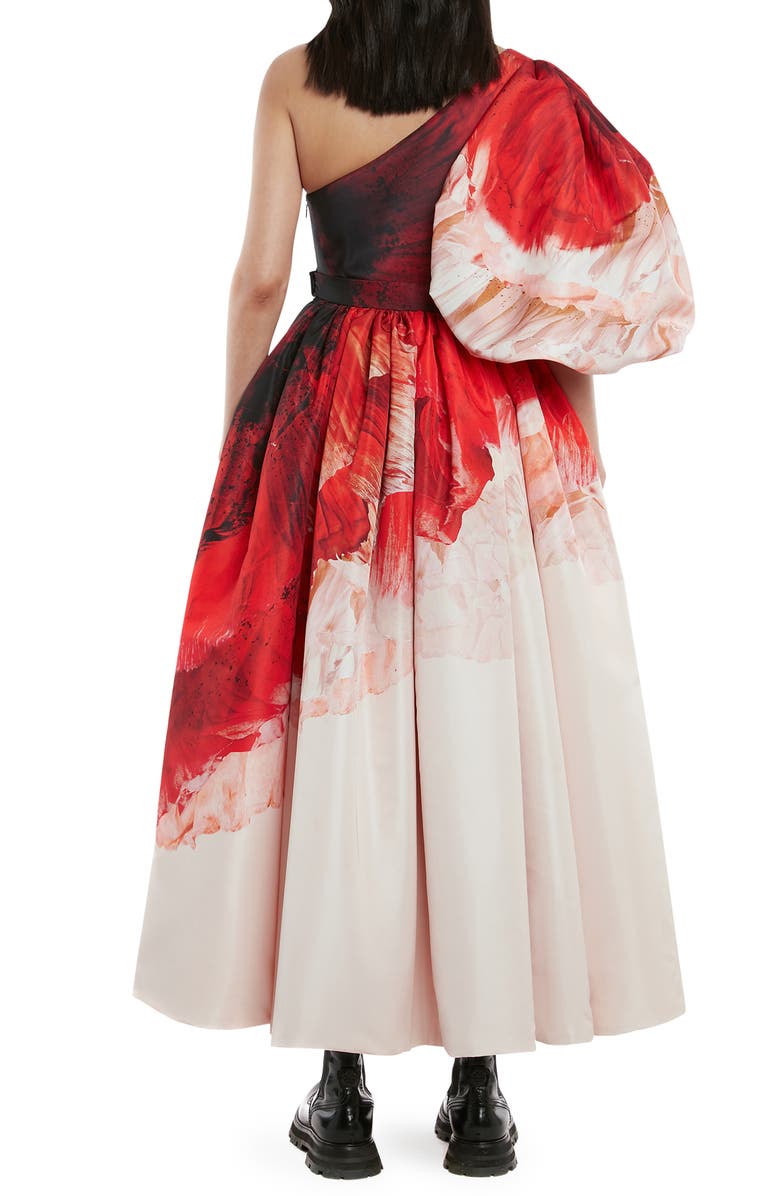 McQueen Alexander McQueen Anemone Print One-Shoulder Puff Sleeve Faille Dress, Alternate, color,