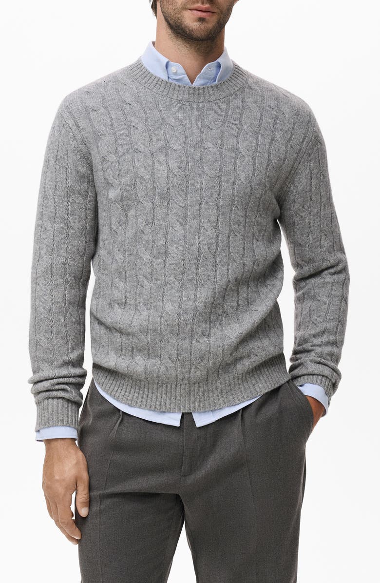 MANGO Braided Cable Knit Wool Sweater, Main, color, Medium Heather Grey
