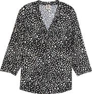 AK ANNE KLEIN Print Pleat Three-Quarter Sleeve Top