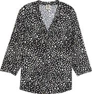 AK ANNE KLEIN Print Pleat Three-Quarter Sleeve Top