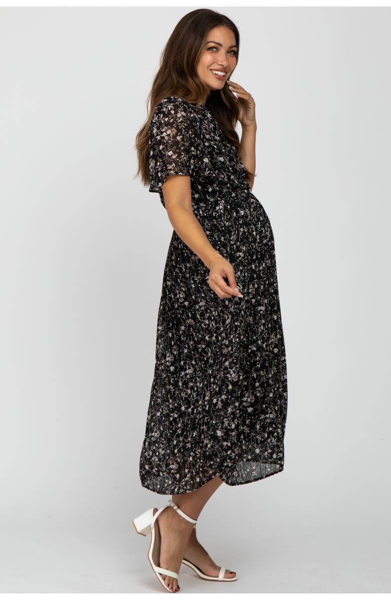 PinkBlush Floral Pleated Chiffon Midi Dress, Alternate, color, Black