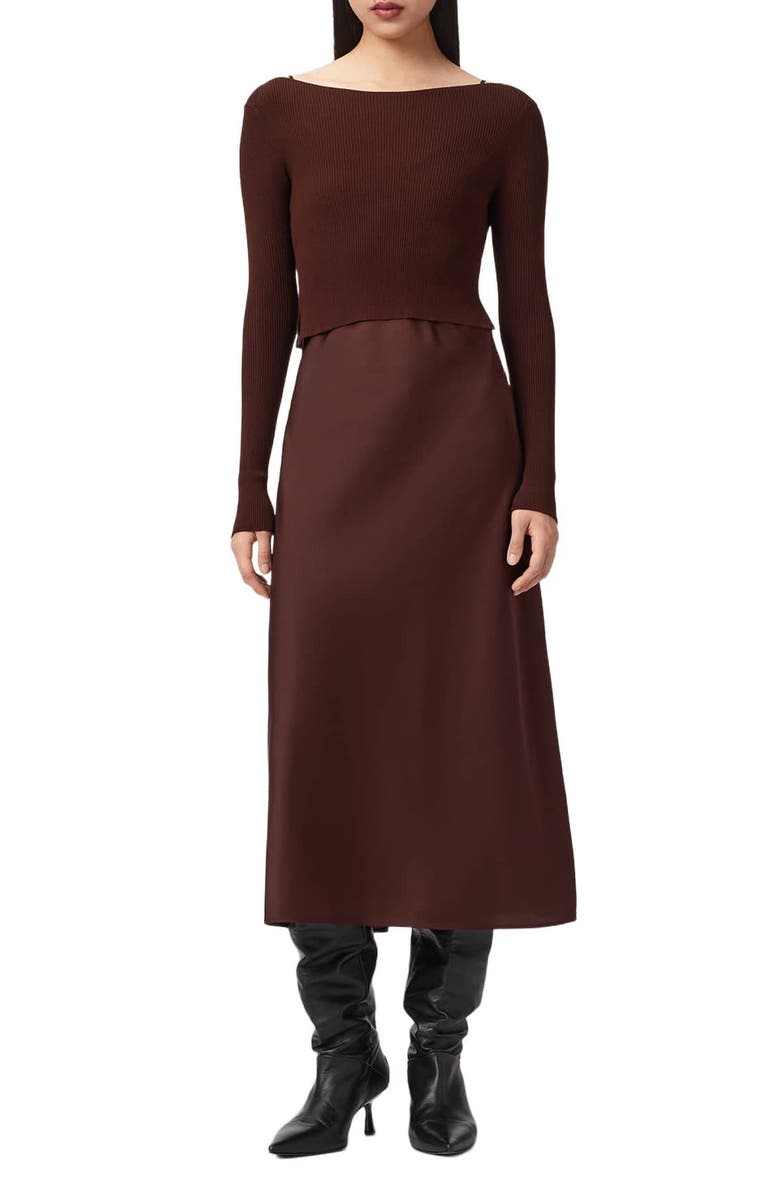 AllSaints Hera Long Sleeve 2-in-1 Rib Sweater & Midi Slipdress, Main, color, Bitter Brown