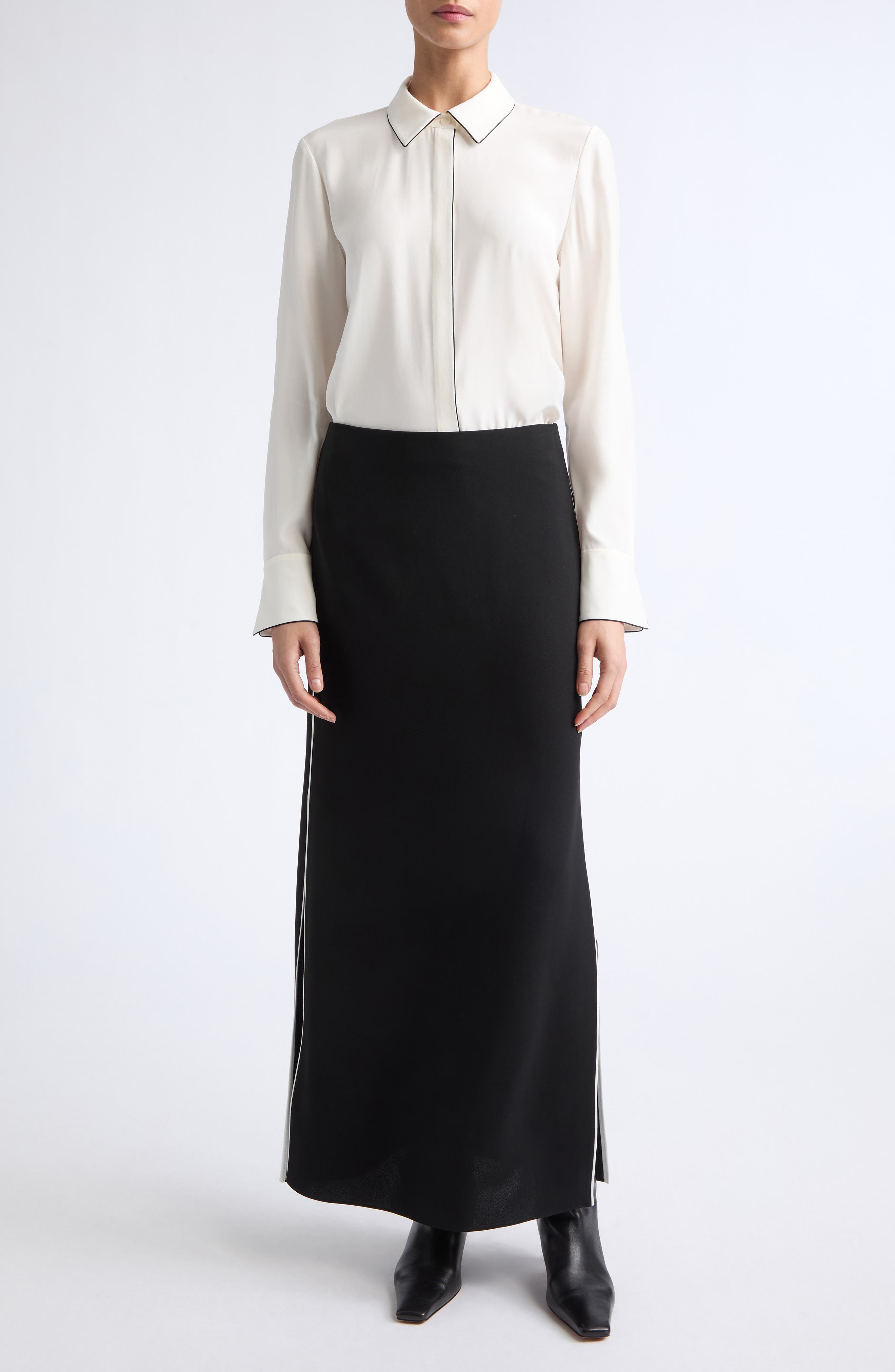 Lafayette 148 New York Scottie Contrast Piping Silk Button-Up Shirt ...