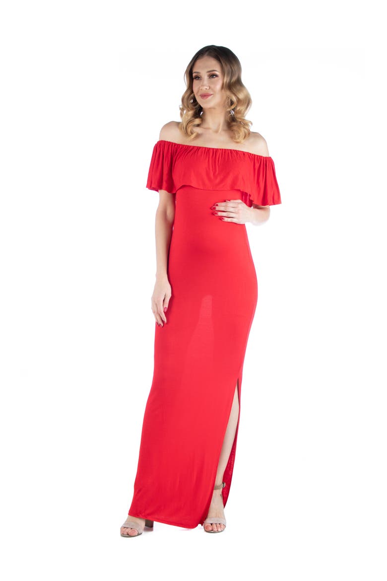 Maternity Off Shoulder Ruffle Detail Maxi Dress, Main, color, Red