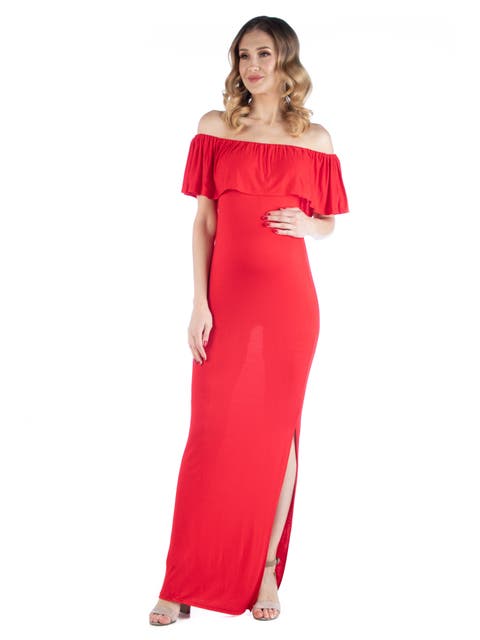 Maternity Off Shoulder Ruffle Detail Maxi Dress