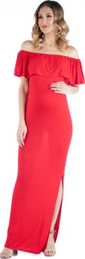 24seven Comfort Apparel Maternity Off Shoulder Ruffle Detail Maxi Dress