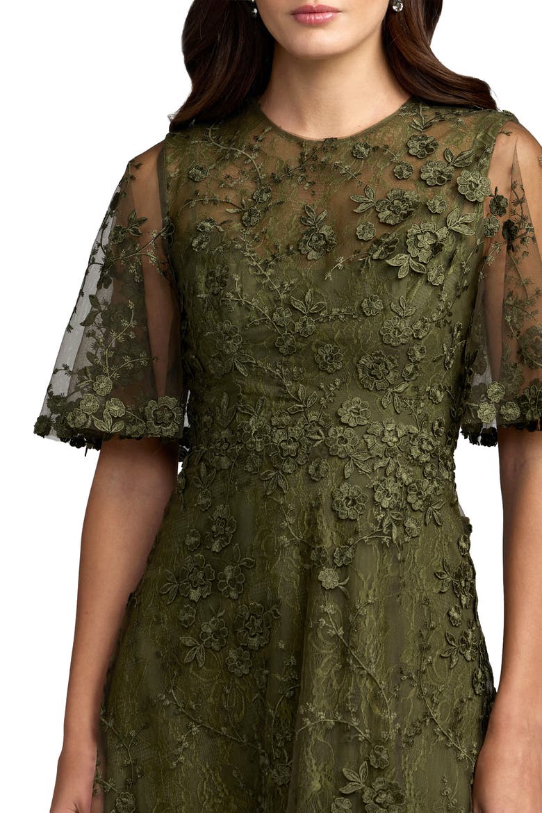 Flutter Sleeve Embroidered Cocktail Midi Dress, Alternate, color, Olive