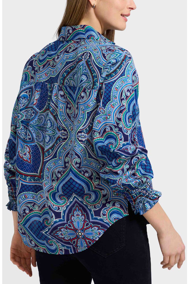 Olivia Printed Smocked Cuff Cotton Button-Up Shirt, Alternate, color, BLUE/ MULTI
