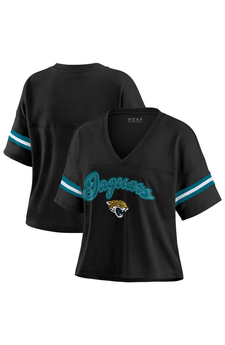 WEAR by Erin Andrews Women's WEAR by Erin Andrews Black Jacksonville Jaguars Color Block Boxy V-Neck T-Shirt, Main, color, 