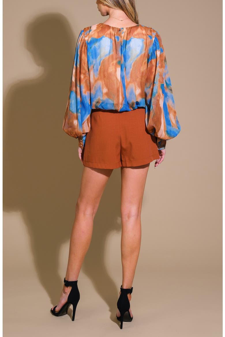 Print Lurex Bishop Sleeve Top, Alternate, color, BROWN BLUE