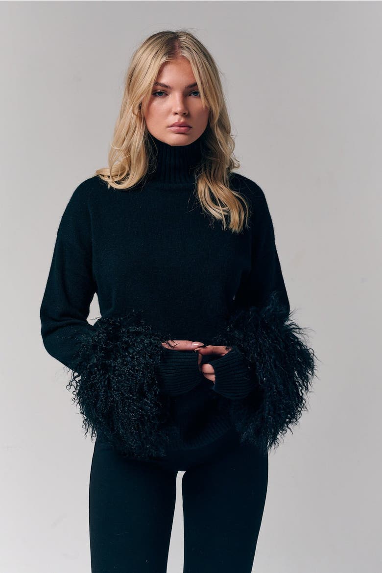 Mongolian Shearling Cuffs Cashmere Sweater, Alternate, color, Black