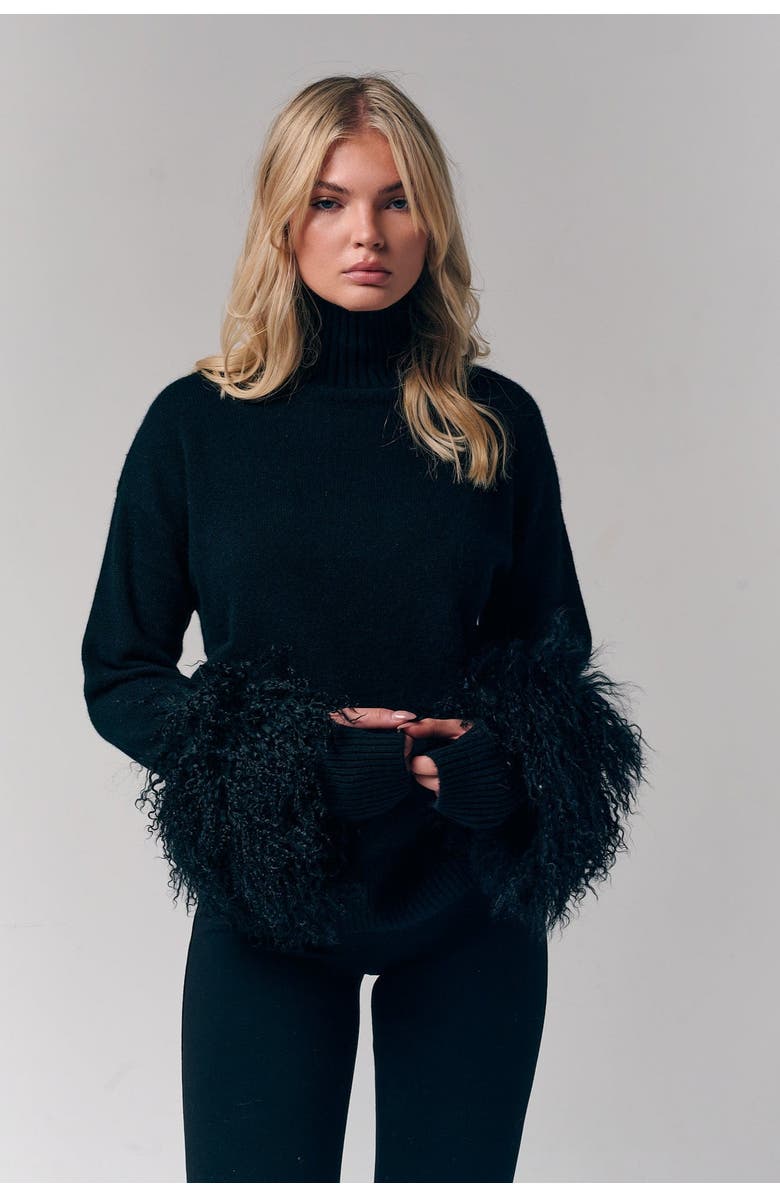 Le Fafo Mongolian Shearling Cuffs Cashmere Sweater, Alternate, color, Black