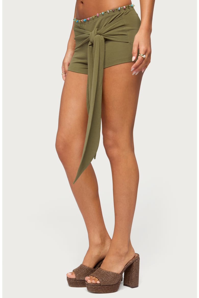 Monroah Beaded Low Rise Tie Waist Shorts, Alternate, color, OLIVE