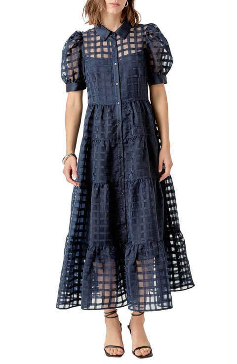 Grid Pattern Tiered Midi Shirtdress