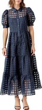 English Factory Grid Pattern Tiered Midi Shirtdress