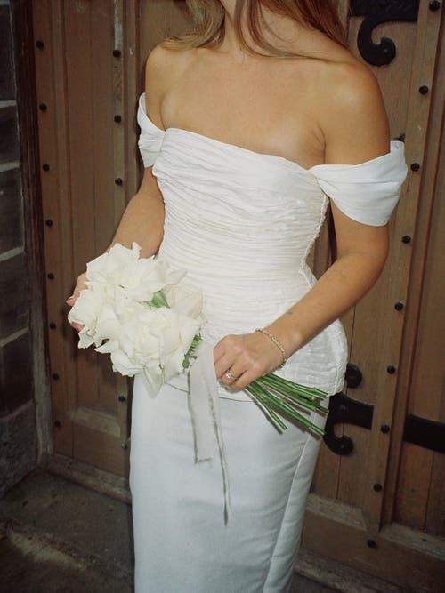 Six Stories Gathered Bardot Peplum Midi Dress In White
