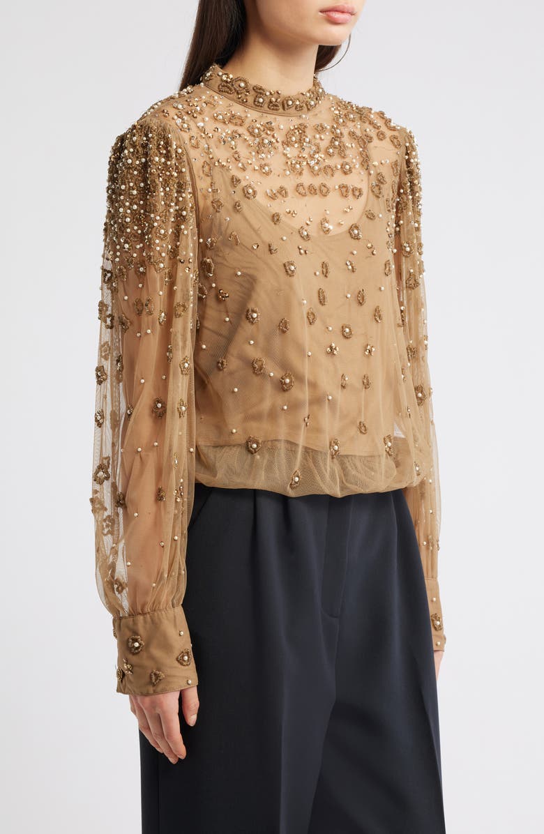 FARM Rio Embroidered Tulle Lined Blouse, Alternate, color, Caramel