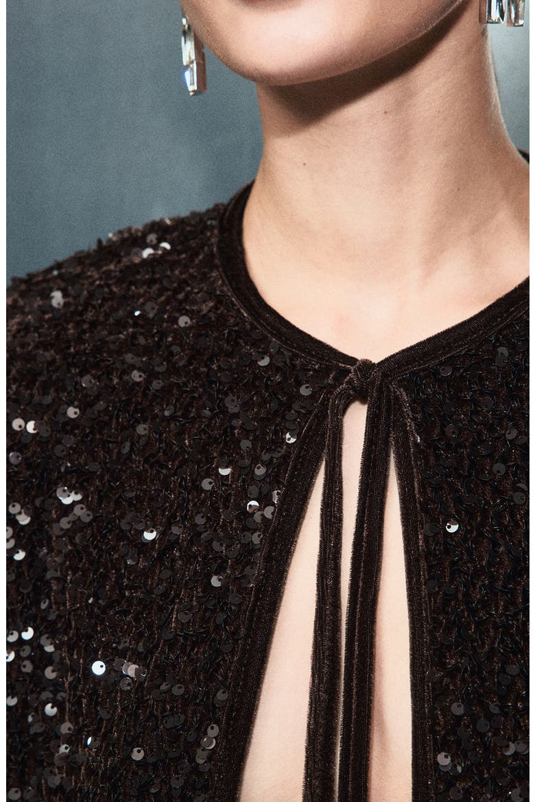 Sequin Velvet Tie Neck Jacket, Alternate, color, CHOCOLATE