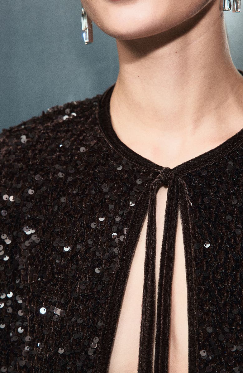MANGO Sequin Velvet Tie Neck Jacket, Alternate, color, Chocolate