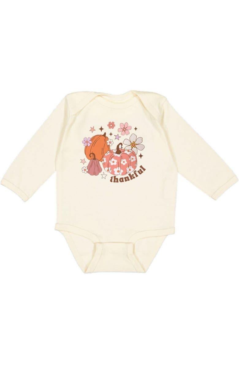 Sweet Wink Thankful Pumpkin Daisy Thanksgiving Long Sleeve Bodysuit, Main, color, Natural