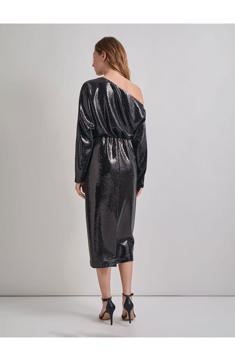 Misook Modern Fit Sequin Novelty Woven Blouson Midi Dress, Alternate, color, Black