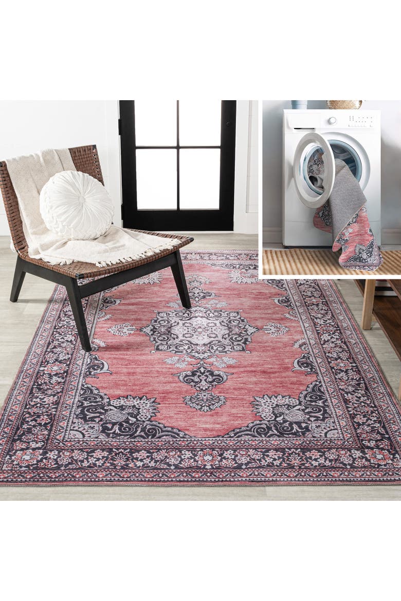 Bausch Bohemian Distressed Chenille Machine-Washable Area Rug, Main, color, Dark Pink/Black/White