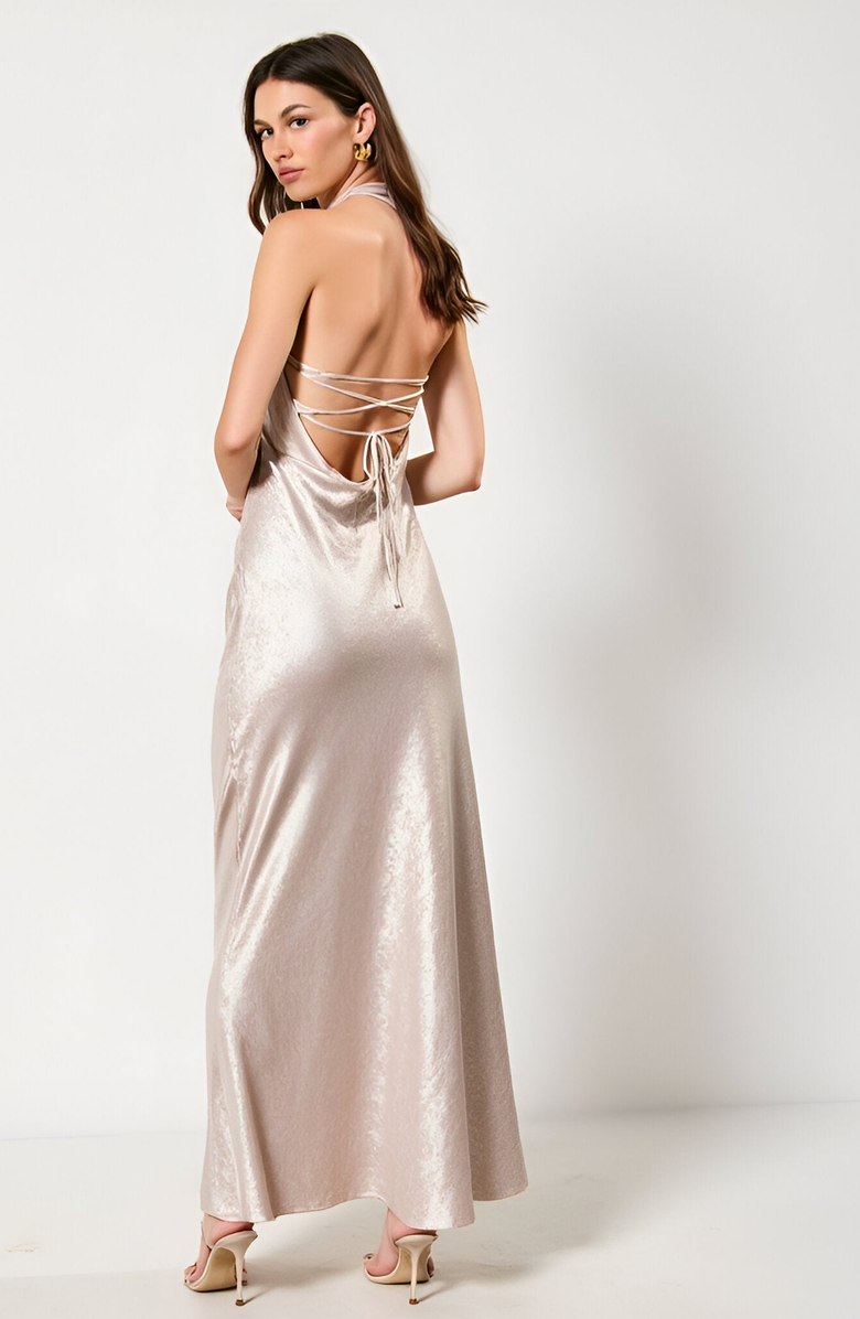 Modenaire Shimmer Cowl Neck Halter Gown with Open Back and Floor-Length Skirt, Alternate, color, 