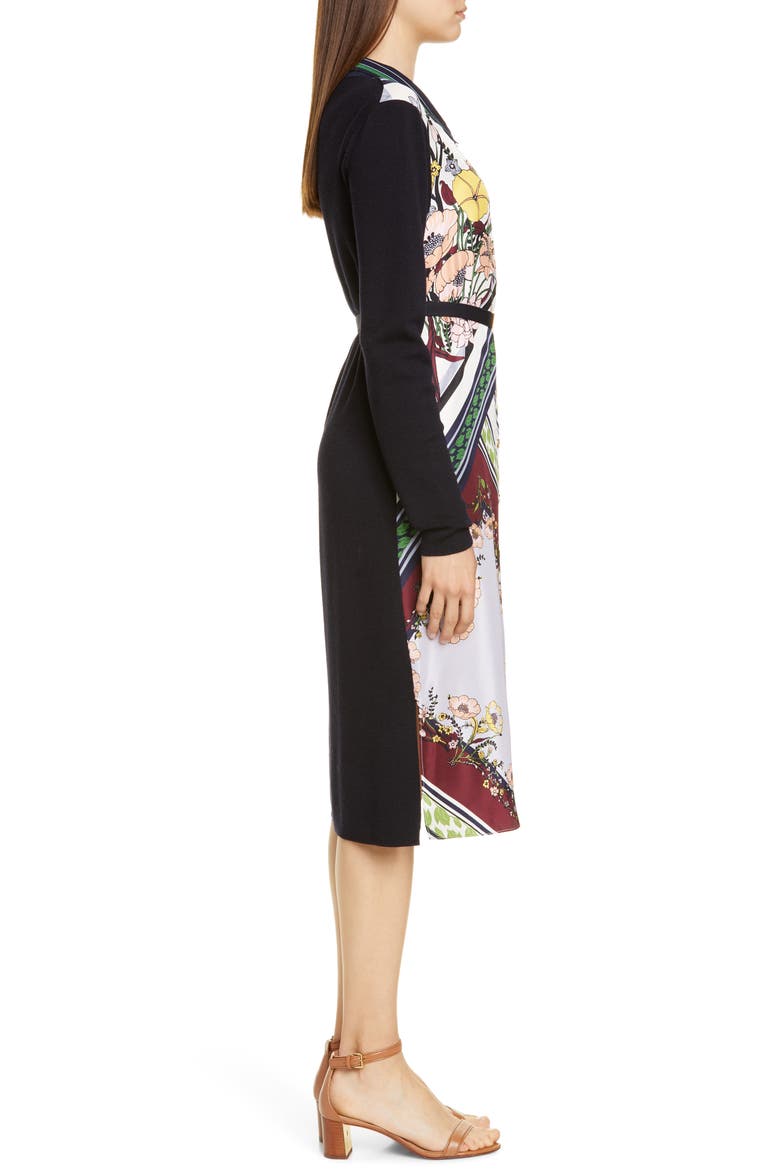 Silk Front Long Sleeve Shirtdress, Alternate, color, NAVY/ HOMAGE TO THE FLOWER
