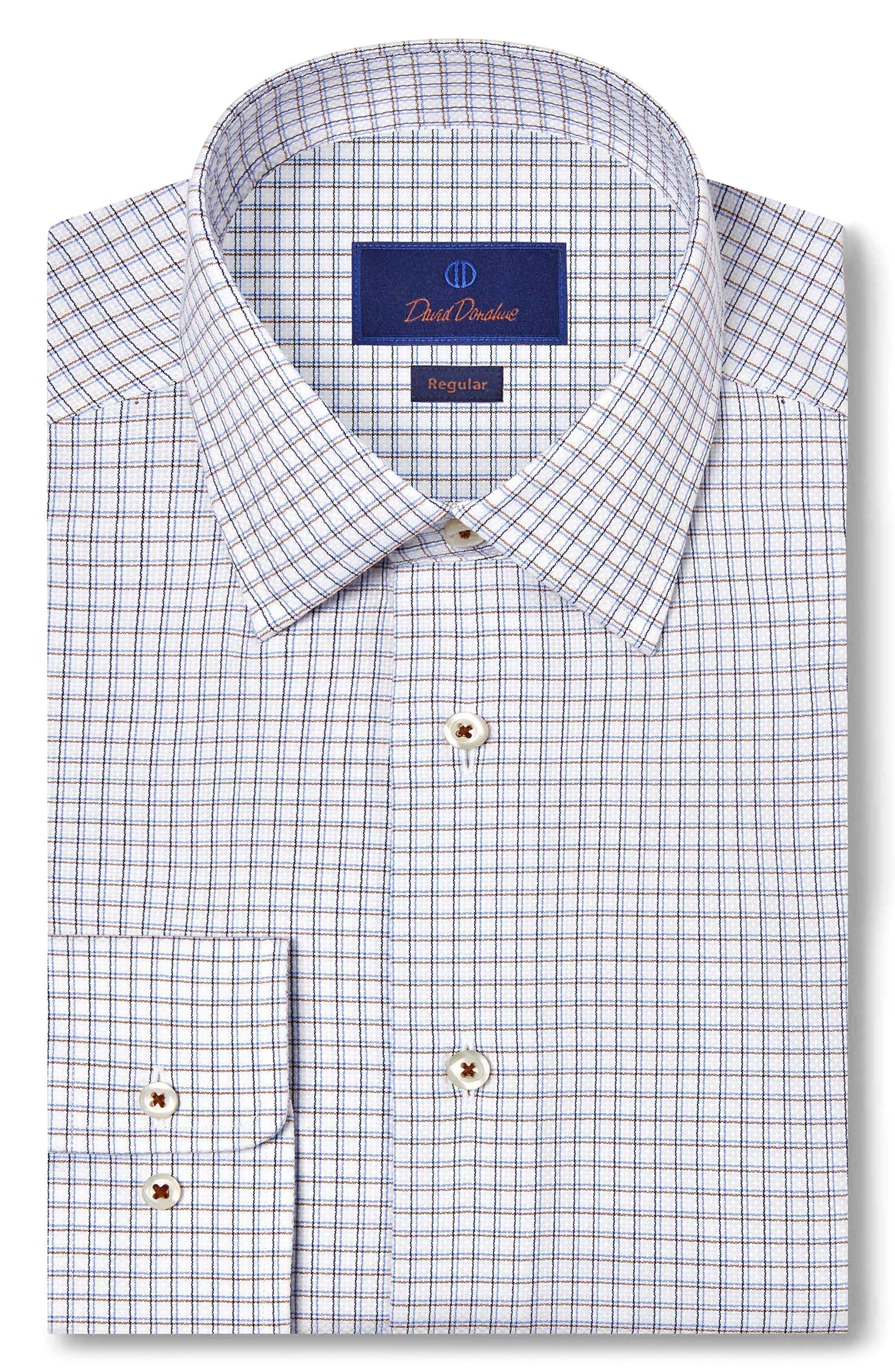 David Donahue Regular Fit Shadow Check Cotton Dobby Dress Shirt