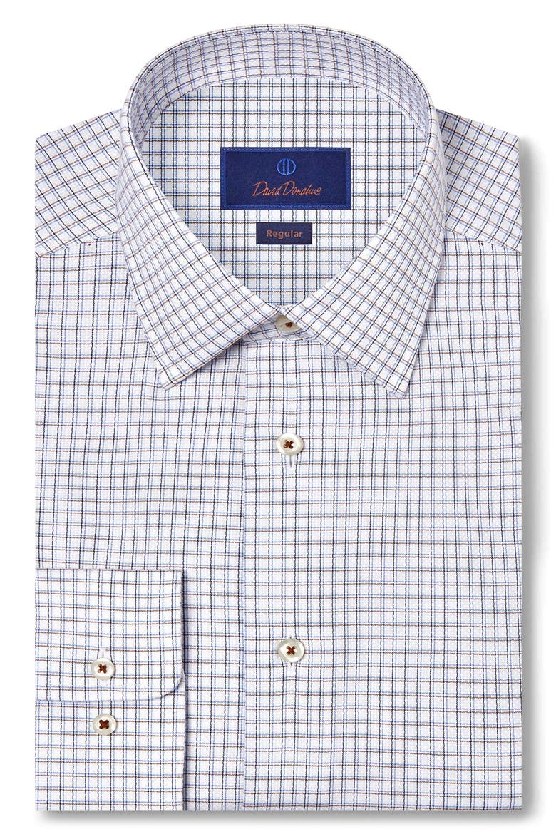 Regular Fit Shadow Check Cotton Dobby Dress Shirt, Main, color, WHITE/ CHOCOLATE