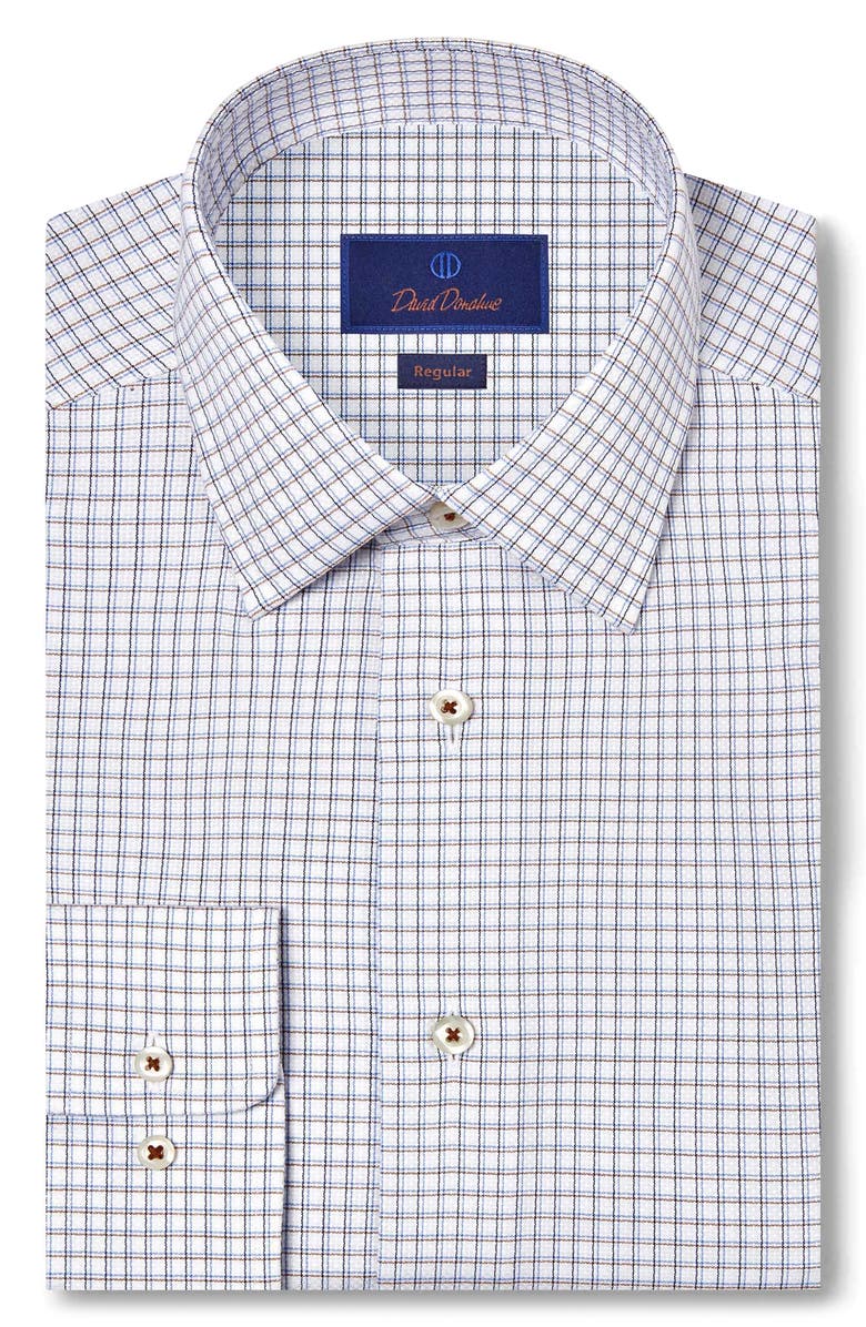 David Donahue Regular Fit Shadow Check Cotton Dobby Dress Shirt, Main, color, White/ Chocolate