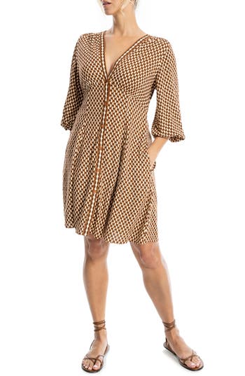 Max Studio Balloon Sleeve Button Front Dress In Brown