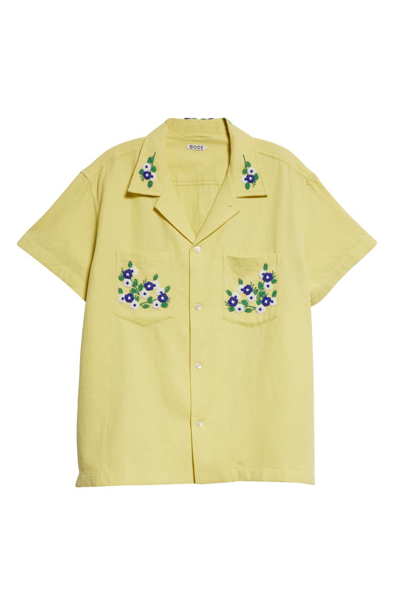Bode Beaded Flower Short Sleeve Cotton Corduroy Button-Up Shirt, Alternate, color, 