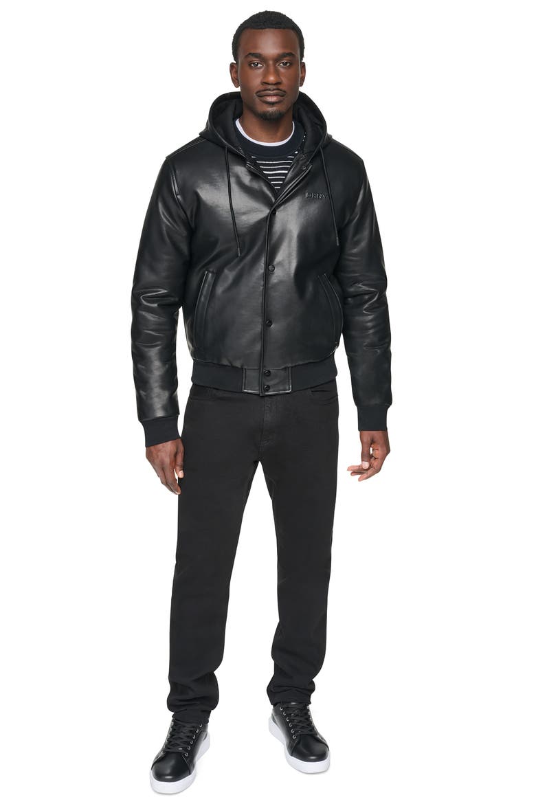 Faux Leather Hooded Bomber Jacket, Alternate, color, BLACK