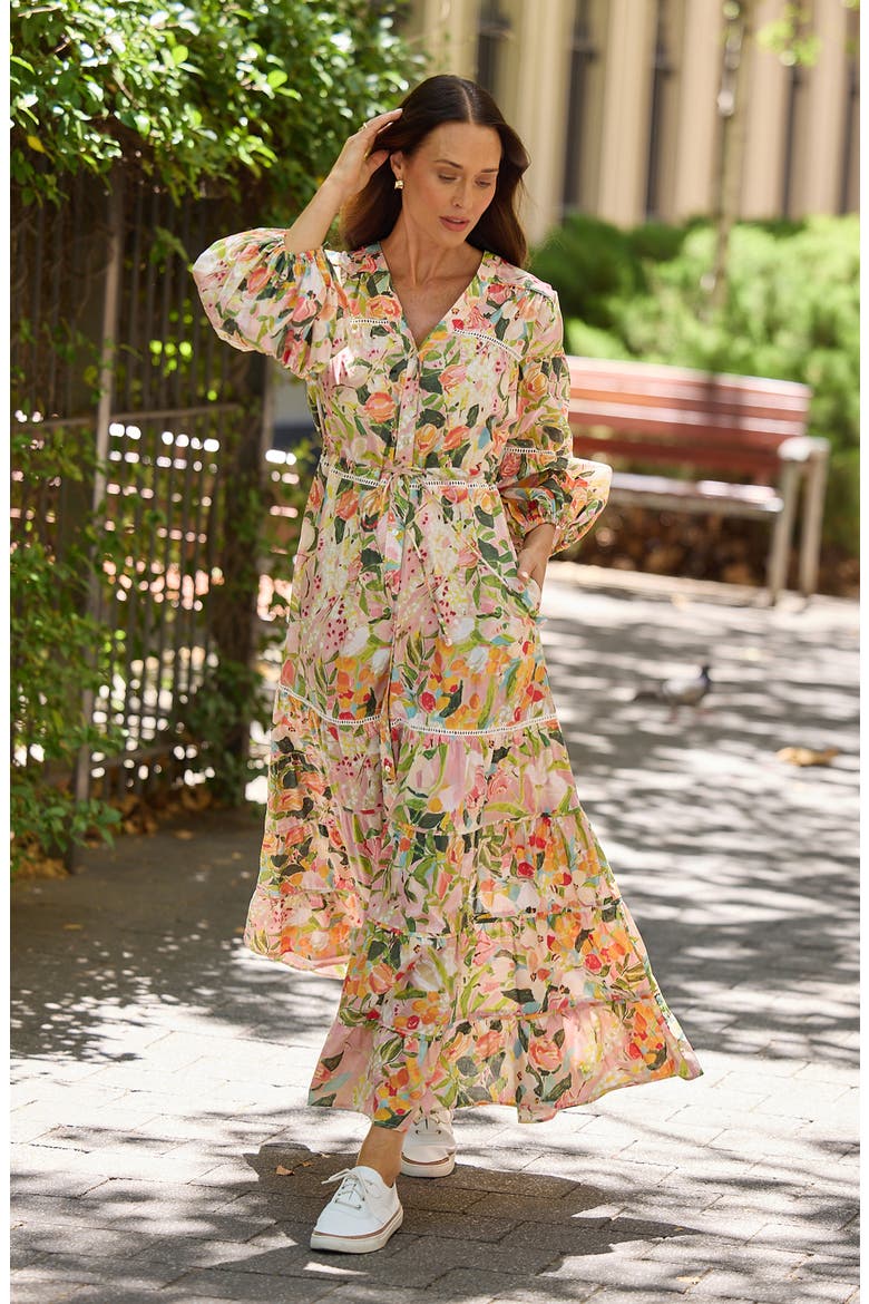 leith floral print maxi dress LEITH Floral Print Ruffle Chiffon Maxi Slip Dress Medium New