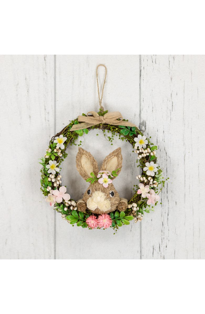 Northlight Floral Grapevine Small Artificial Wreath with Sisal Rabbit - 11" - Green and Pink, Alternate, color, Brown