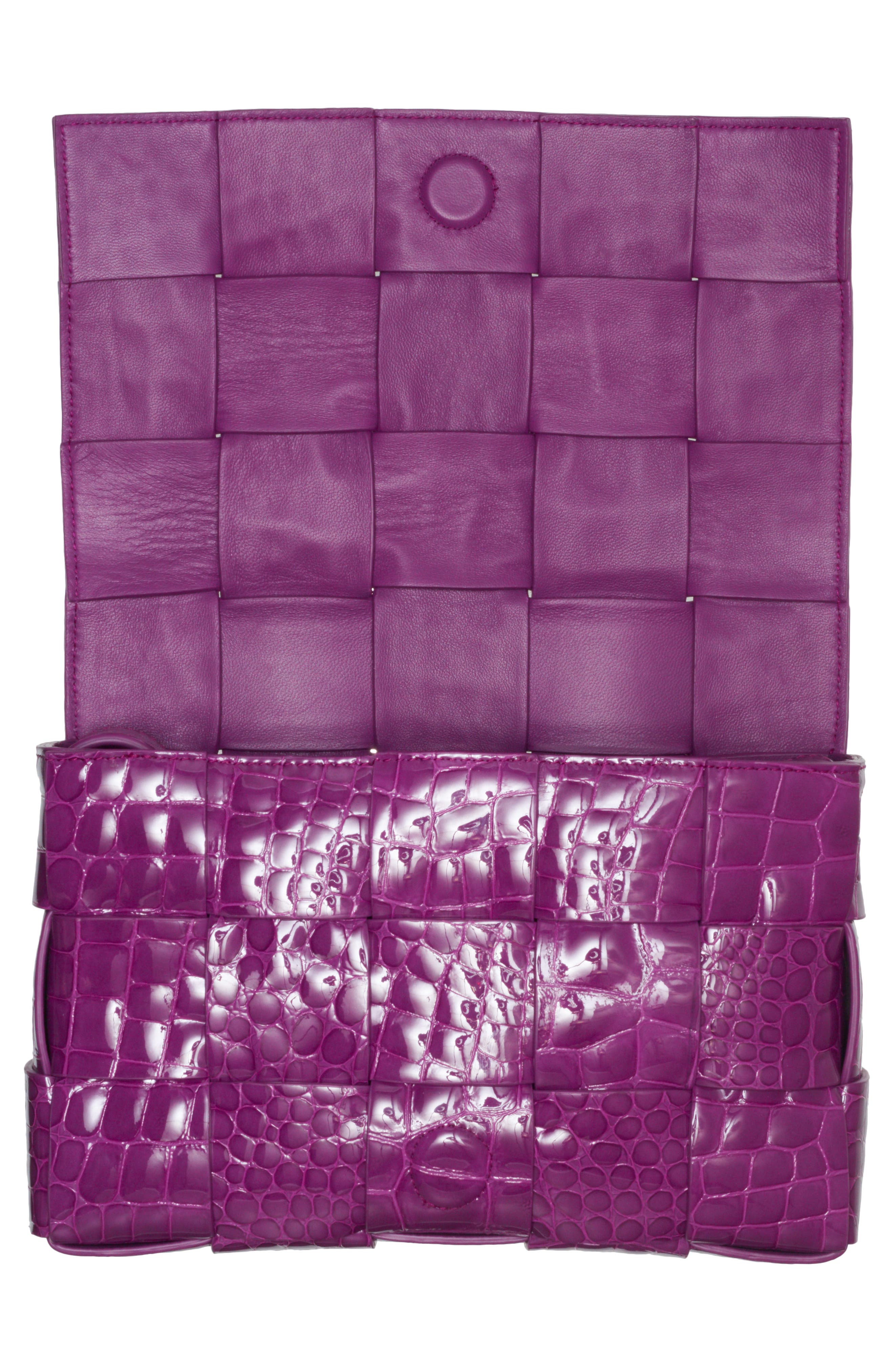 Bottega Veneta Cassette Intrecciato Croc Embossed Patent Leather Crossbody Bag, Alternate, color, Venom-M Brass