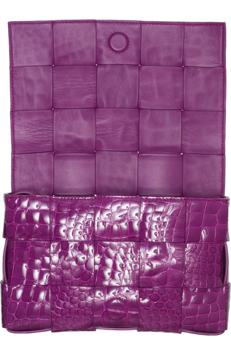 Bottega Veneta Cassette Intrecciato Croc Embossed Patent Leather Crossbody Bag, Alternate, color, Venom-M Brass