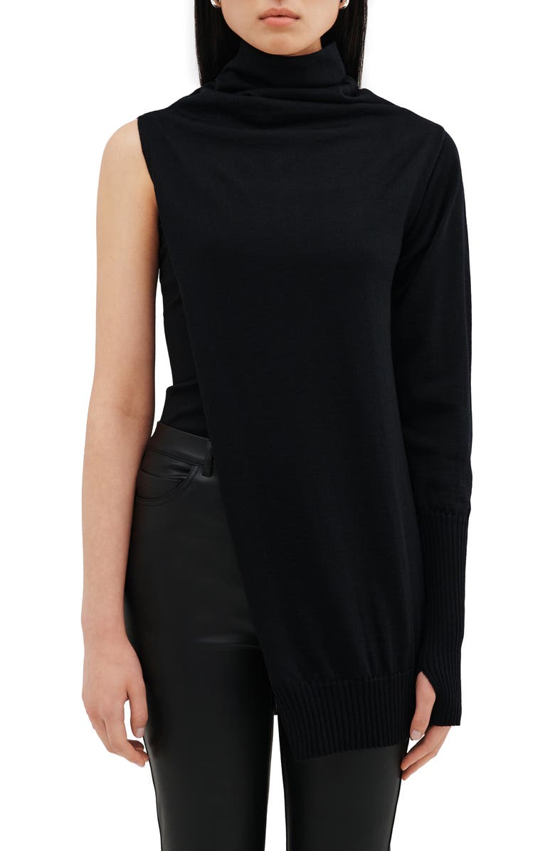 Two Lines by Marcella Berlin One Sleeve Turtleneck Top, Main, color, Black