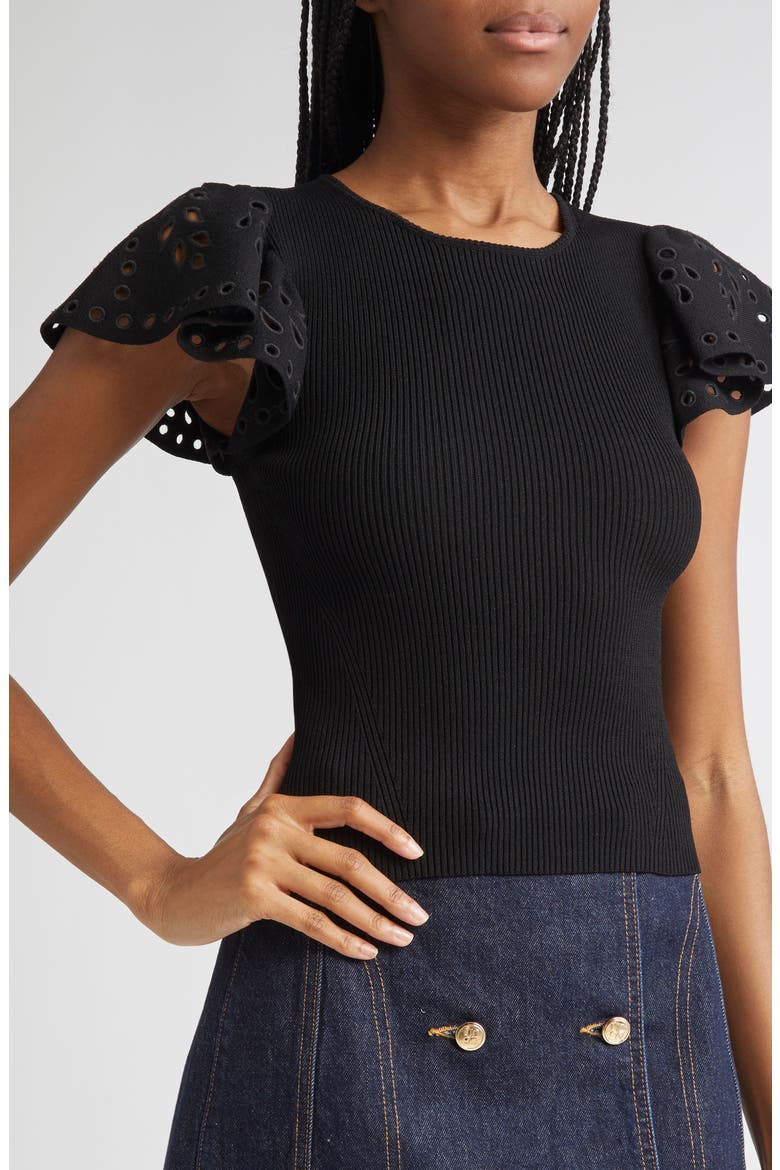 Edith Mixed Media Ruffle Sleeve Top, Alternate, color, NOIR
