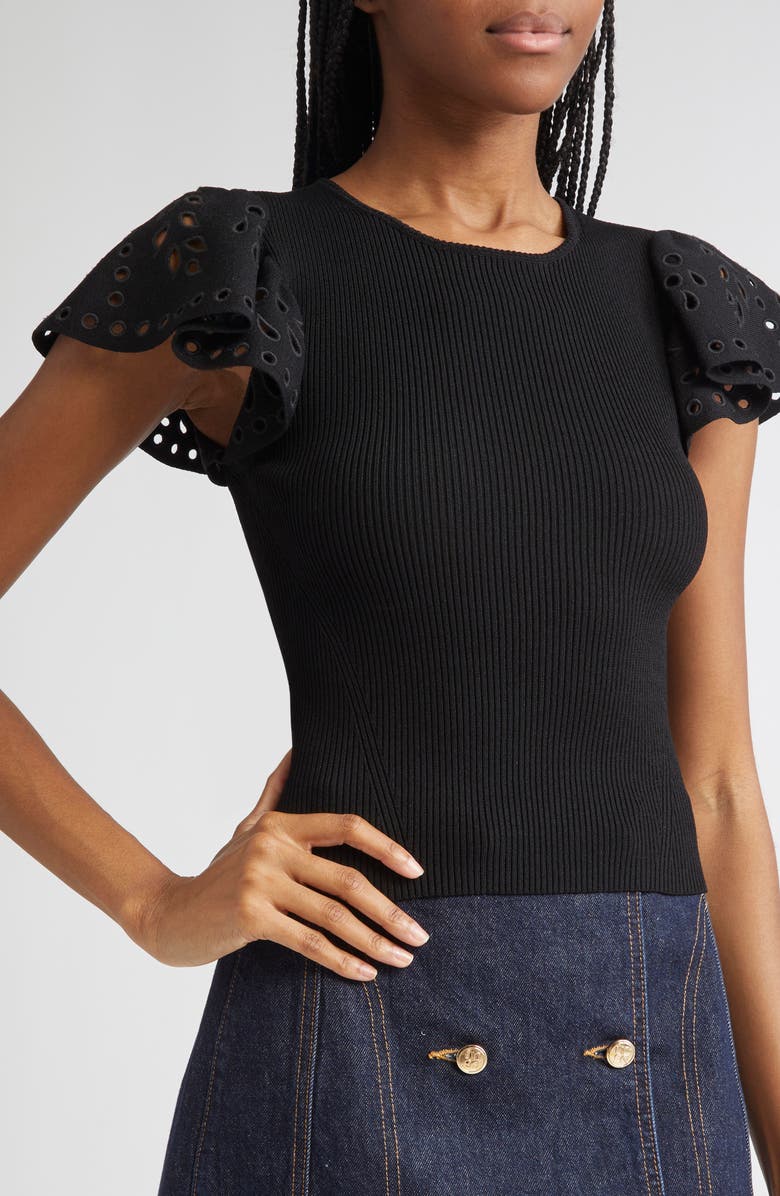 Ulla Johnson Edith Mixed Media Ruffle Sleeve Top, Alternate, color, Noir