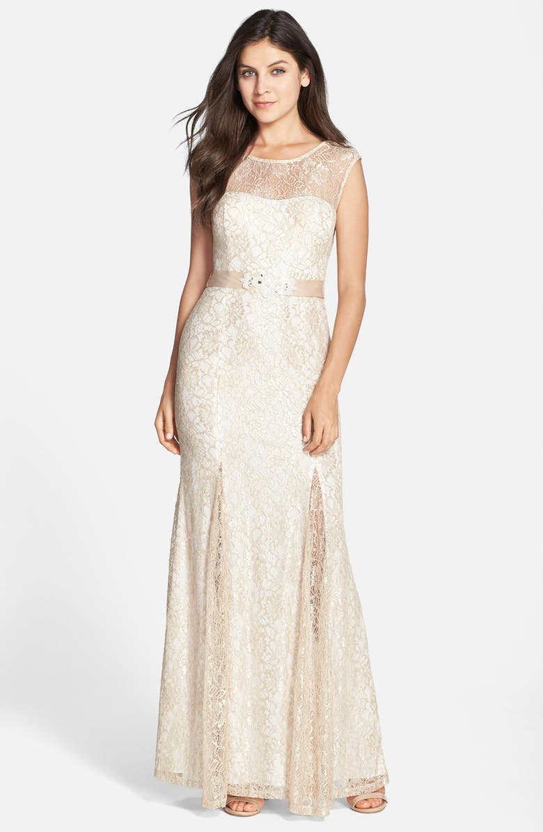 Betsy & Adam Illusion Yoke Lace Trumpet Gown, Main, color,