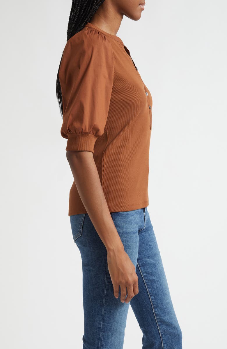Veronica Beard Coralee Puff Sleeve Mixed Media Henley Top, Alternate, color, Mahogany