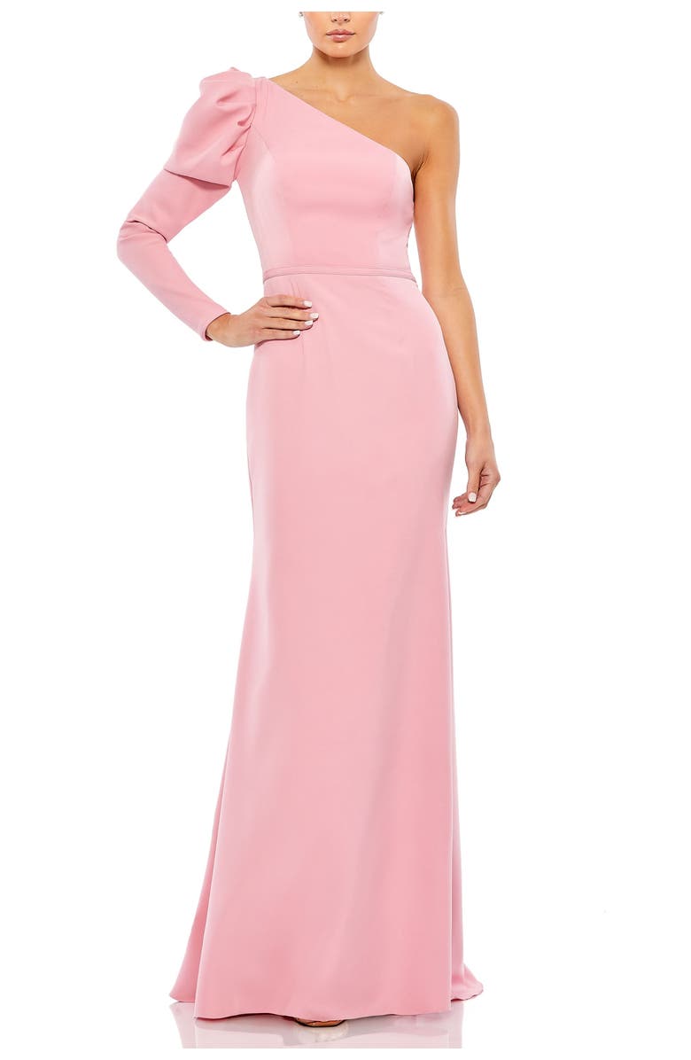 Mac Duggal One-Shoulder Gown with Dramatic Puff Sleeve and Thigh-High Slit, Main, color, Rose Pink