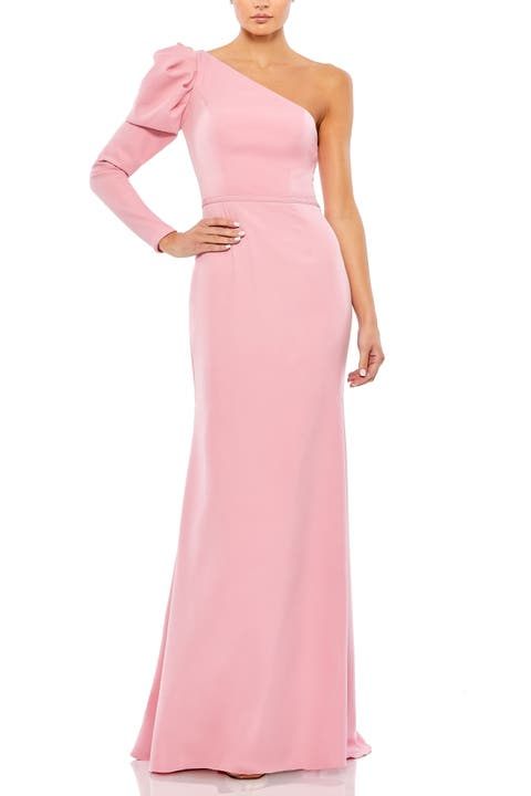 One-Shoulder Gown with Dramatic Puff Sleeve and Thigh-High Slit