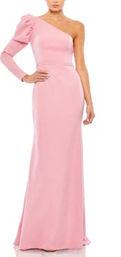 Mac Duggal One-Shoulder Gown with Dramatic Puff Sleeve and Thigh-High Slit
