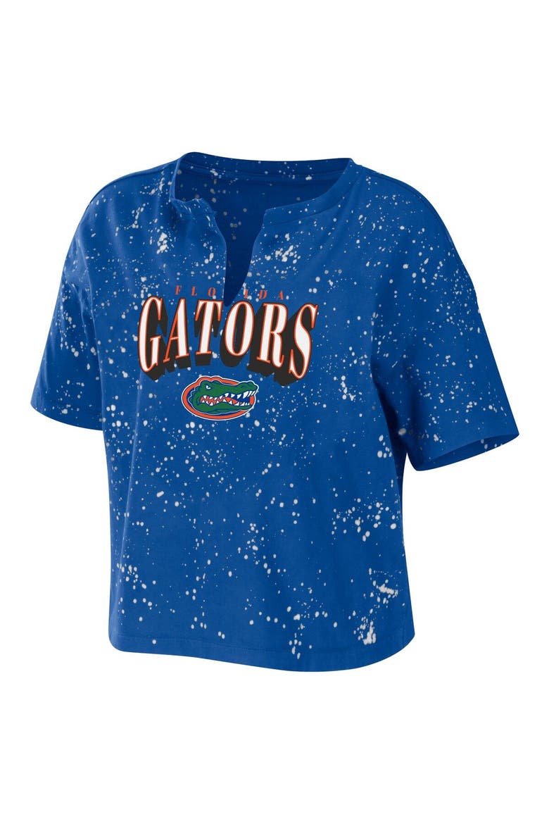 Women's WEAR by Erin Andrews Royal Florida Gators Bleach Wash Splatter Cropped Notch Neck T-Shirt, Alternate, color, Royal